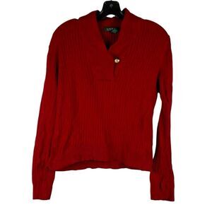 Lauren Ralph Lauren Red Ribbed Sweater Shawl Collar Gold Button Medium